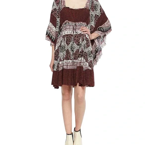 Free People Heart of Gold Brown Boho Peasant Dramatic Sleeve Short Dress Small - Picture 1 of 13